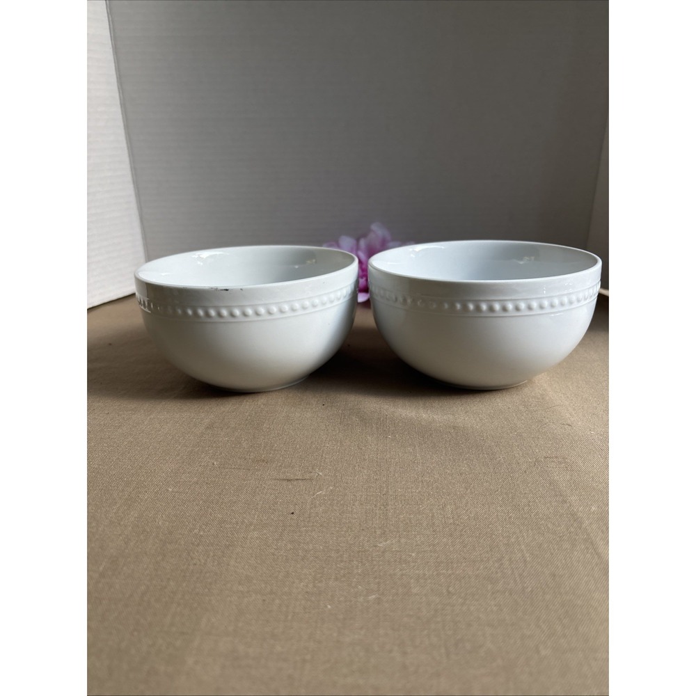 2 FITZ AND FLOYD EVERYDAY WHITE BEADED SOUP CEREAL BOWLS SET OF 2 - 5.5" Wide - Picture 2 of 6